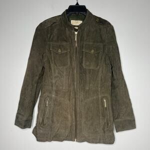 Michael Kors Suede Leather Jacket Vince Coat Full Zip Green *No Belt Large *Flaw